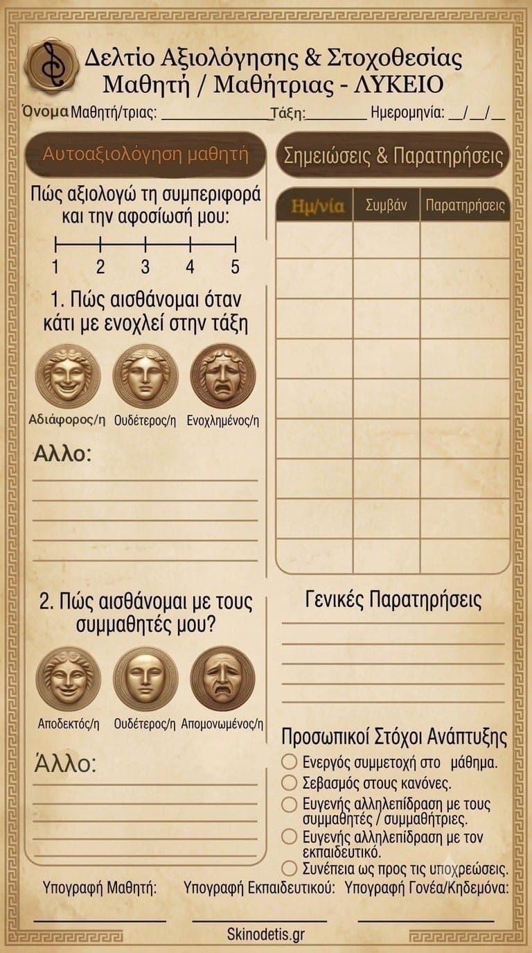 Δελτίο Συμπεριφοράς για παιδιά Λυκείου